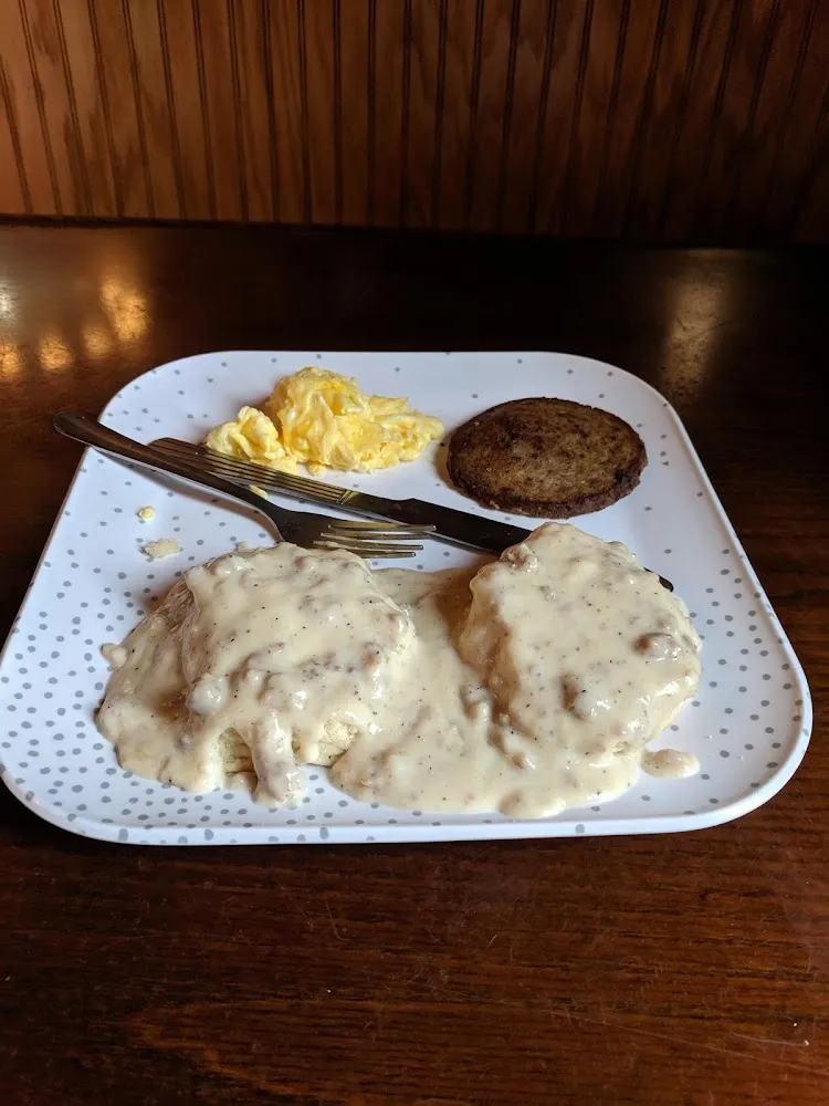 Sausage Gravy and Biscuits Along with 2 Eggs and Sausage